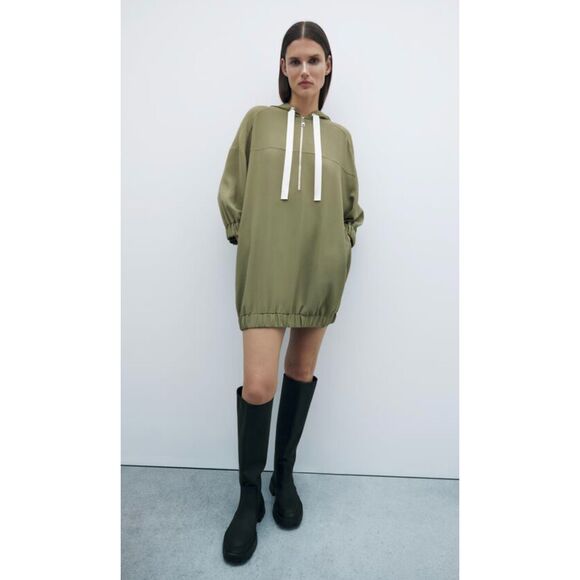 ZARA Hooded Track Style Dress with Grosgrain Ribbon Drawstring, Sz XL - Picture 1 of 14